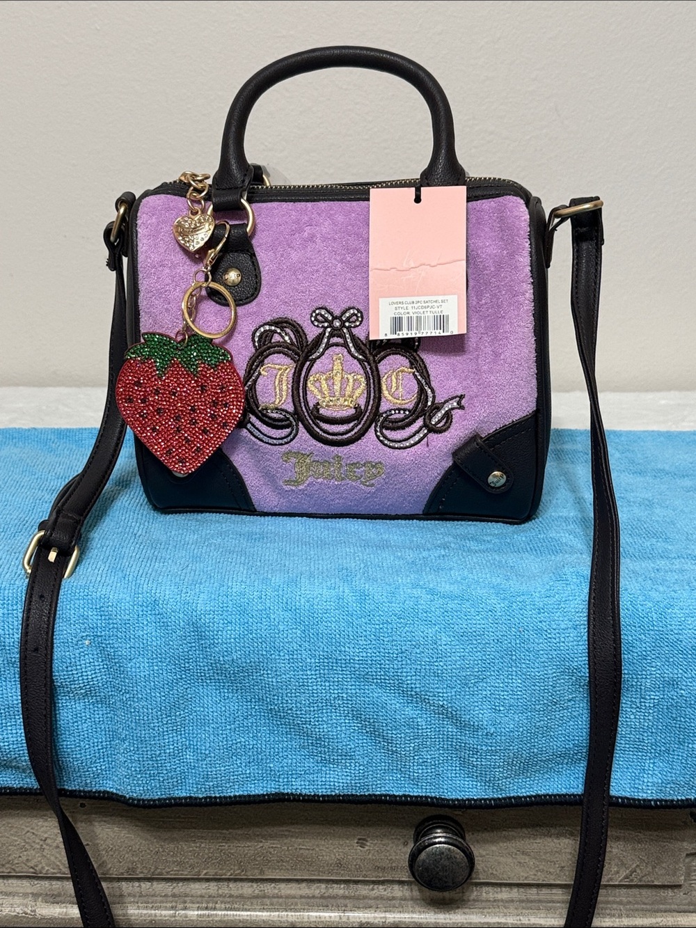 Juicy Couture Lilac Velvet Crossbody with Black Trim and Red Strawberry Charm